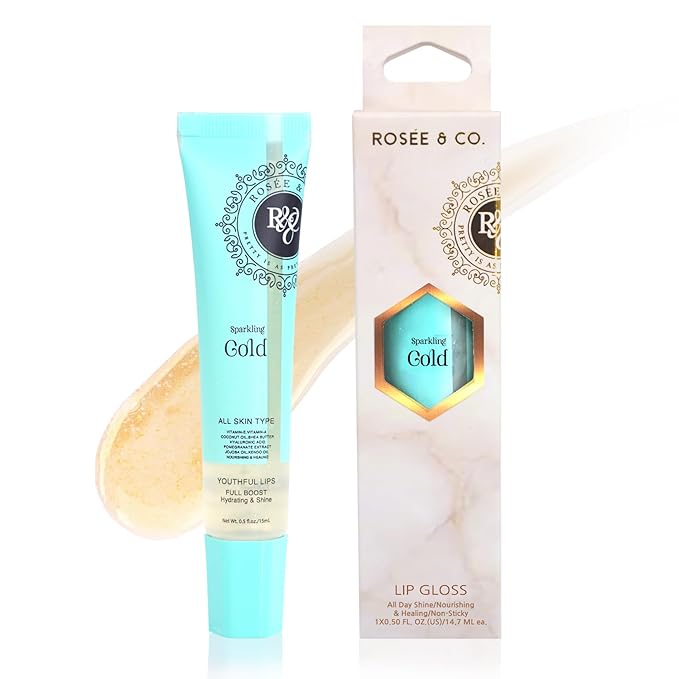 ROSÉE & CO Rosee Lip Gloss Vegan & Cruelty Free Treatment, Professional Make up, Long Lasting Glossy with Shea Butter, Moisturize, Protect & Smooth, High Shine, Non-Sticky (e. Sparkling Gold, 0.5)