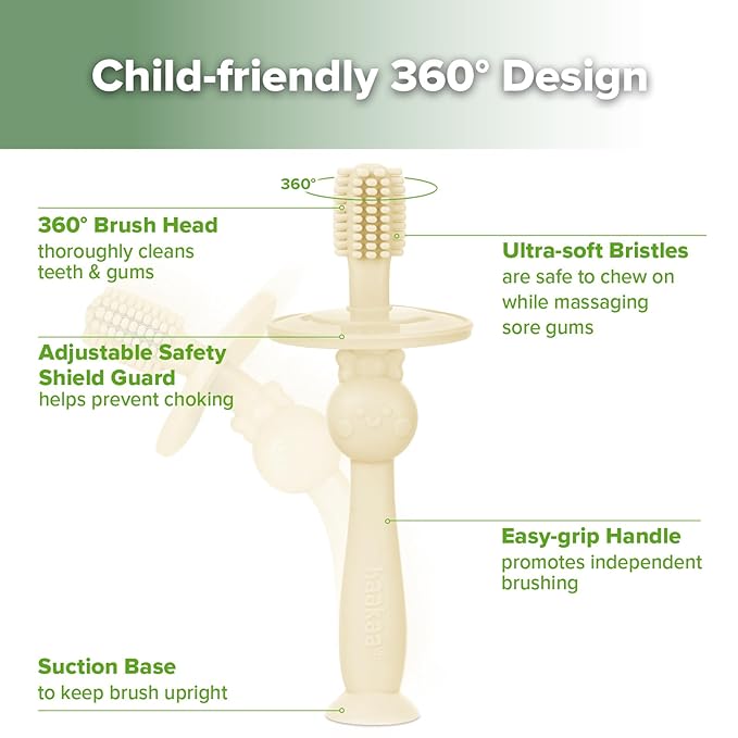 haakaa 360° Baby Toothbrush with Suction Base - Gentle Cleaning for Infant Self-Brushing Training, Food-Grade Silicone, Adjustable Safety Shield - Cream (1 Piece)