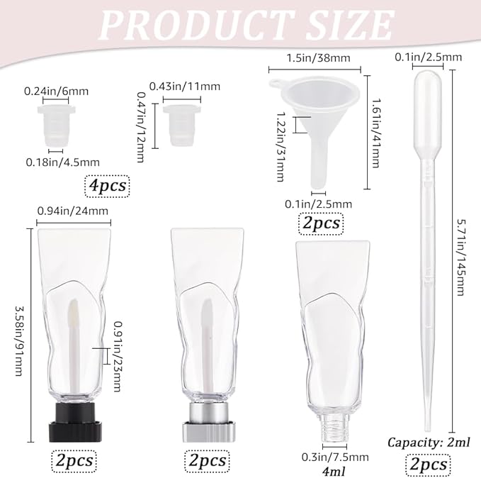 GORGECRAFT 4Pcs 4ml Lip Gloss Tubes Empty Refillable Soft Lipgloss Balm Tubes with Brush Glaze Container with Silver Black Square Lid Rubber Inserts Droppers Funnel for Travel Samples DIY Cosmetic