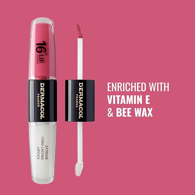 Dermacol NEW 16-Hour Lip Colour, Highly Pigmented Glossy Lip Stain, Two-Phase Lip Plumper Gloss, Kissproof Lip Makeup Products with Matte and Glitter Finish, n.16