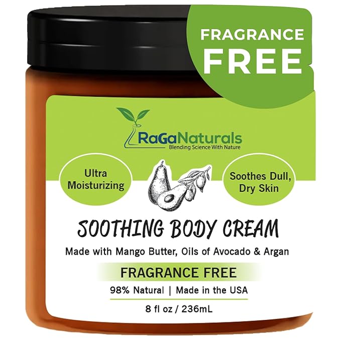 RaGaNaturals Natural Moisturizing Cream - Body & Face Moisturizer for Dry to Very Dry, Sensitive Skin - Unscented Body Cream with Vitamin E & Avocado, Argan Oil - Non-Comedogenic, Fragrance Free -8 Oz