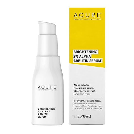 Acure Brightening 2% Alpha Arbutin Serum - Brighter Skin, Improve Dark Spots & Uneven Tone - 100% Vegan with Alpha Arbutin, Hyaluronic Acid & Elderberry Extract - Skincare For All Skin Types - 1 Fl Oz