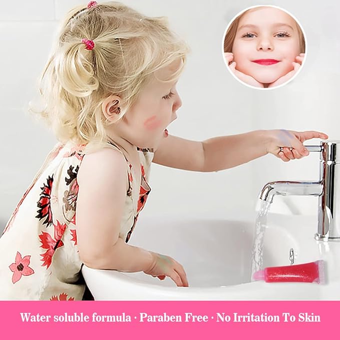 12Pcs Sparkle kids Lip Gloss Set with Unicorn Keychain Carrying Case, Assorted Flavors Moisturizing Shimmer Glossy Lip Party Favor Make-up for Girls and Teens Ages 5+