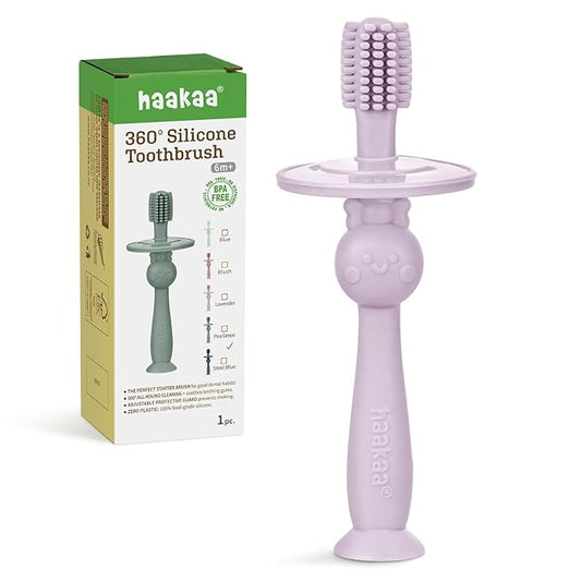 haakaa 360° Baby Toothbrush with Suction Base - Gentle Cleaning for Infant Self-Brushing Training, Sorft Food-Grade Silicone, Baby Teething Relief - Lavender, 1 Count
