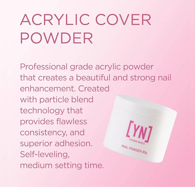 Young Nails Acrylic Powders, Cover - Created for a flawless consistency and superior adhesion - Cover Powder Begins to set in 75 seconds - Available in 45 gram, 85 gram, and 660 gram size options