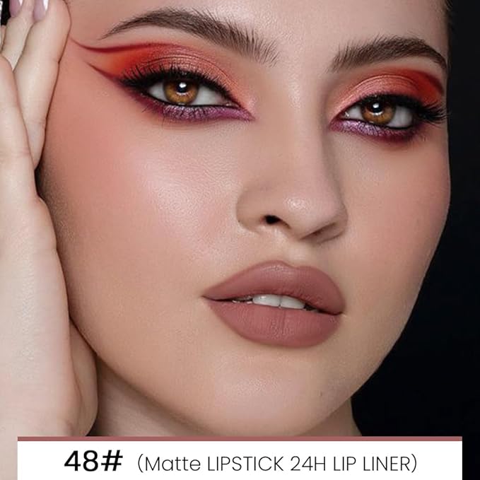 2-in-1Nude Brown Beige Velvet Lip Liner & Lipstick Set Kit for Women, Matte Lips Kit with Lip Liner Lip Stains Long Lasting Waterproof 24 Hour Lipstick and Lip Liners Combo Lipliners Pencil Set 48