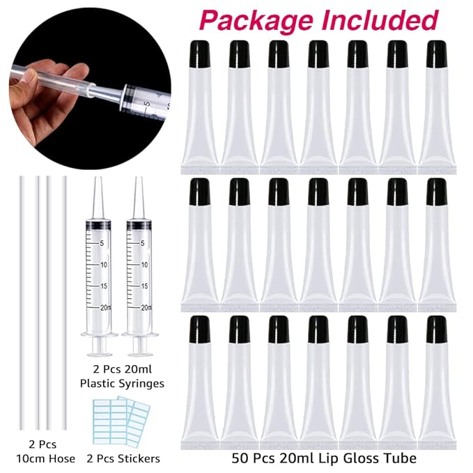 AMORIX 50PCS Lip Gloss Tubes 20ml Black Cap Lip Gloss Containers Empty Lip Balm Tubes Cosmetic Lipgloss Tubes + 2 x 20ml Syringes Tag Labels for DIY Lip Gloss Base Glitter