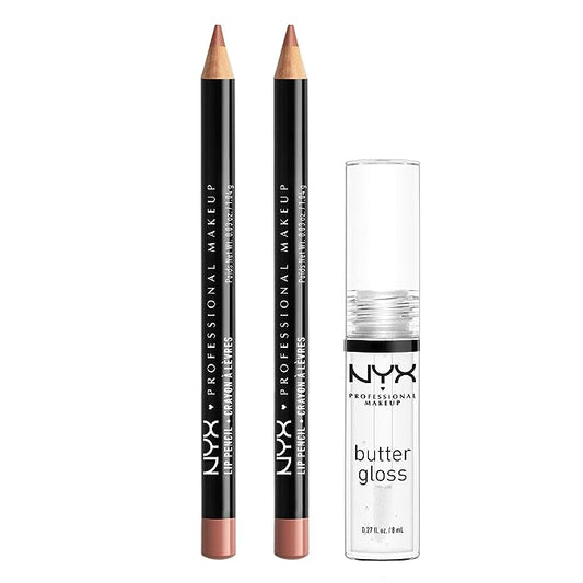 NYX PROFESSIONAL MAKEUP Slim Lip Pencil (Peakaboo Neutral) + Butter Gloss (Sugar Glass, Clear), 3-Pack Bundle