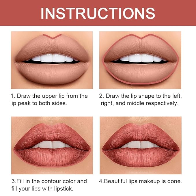 2-in-1 Rose Gold Lip-Gloss Lip Liner & Lipstick Set Kit for Women, Matte Lips Kit with Lip Liner Lip Stains Long Lasting Waterproof 24 Hour Lipstick and Lip Liners Combo Lipliners Pencil Set 07