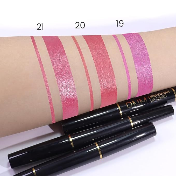 2-in-1 Pink Lip Liner & Lipstick Set Kit for Women, Metallic Lips Kit with Lip Liner Lip Stains Long Lasting Waterproof 24 Hour Lipstick and Lip Liners Combo Lipliners Pencil Set 20