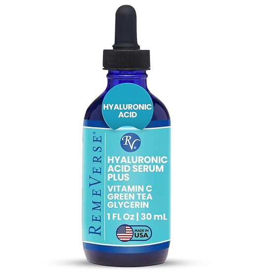 RemeVerse Hyaluronic Acid Serum with Vitamin C & Green Tea Extract - 100% Pure Formulation for Face, Lips & Décolleté - Intense Moisture for Dry Skin & Fine Lines for a Youthful & Plump Look, 1 oz