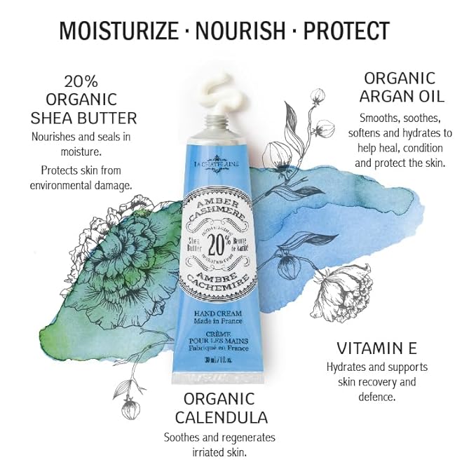 La Chatelaine 20% Shea Butter Hand Cream, Travel Size, Organic Argan Oil, Moisturizing, Nourishing, Repairing, Extra Rich, Non-Greasy, Made in France, Paraben Free, 1 oz/ 30ml - Amber Cashmere