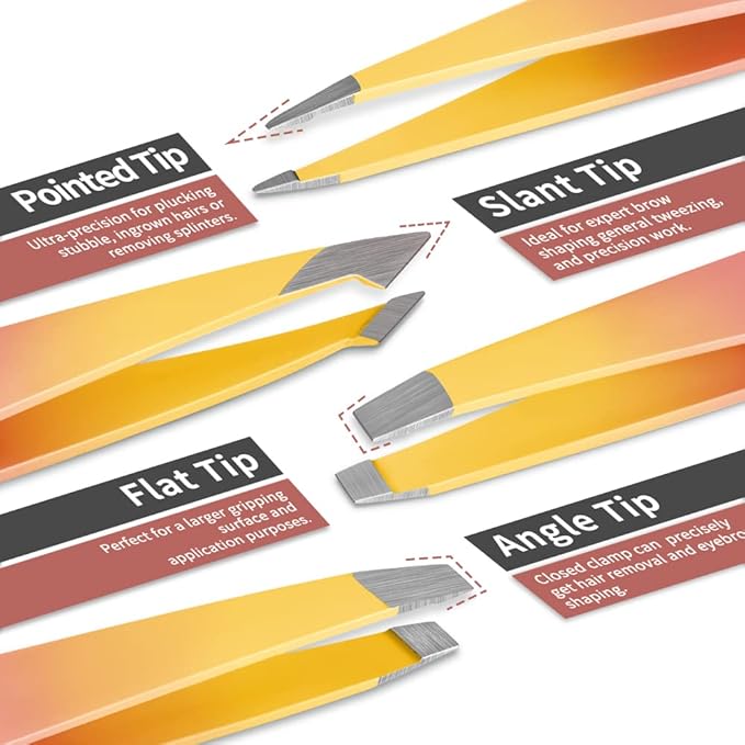 TsMADDTs 7PCS Tweezers Set for Women Facial Hair, Precision Tweezer for Eyebrows with Curved Scissor and Eyebrow Razor for Ingrown Hair, Pink&Yellow