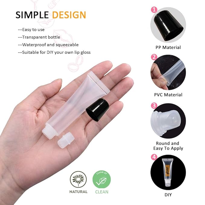 AMORIX 50PCS Lip Gloss Tubes 20ml Black Cap Lip Gloss Containers Empty Lip Balm Tubes Cosmetic Lipgloss Tubes + 2 x 20ml Syringes Tag Labels for DIY Lip Gloss Base Glitter
