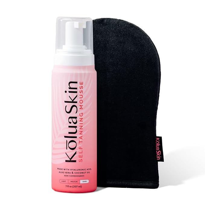 KoluaSkin by Koluawax Self Tanner Mousse (Dark) + Applicator Mitt - Natural-Looking Sunless Body Fake Tan - Dries Quickly w/No Streaks, Hydrates Skin - Dermatologist-tested for Sensitive Skin, 7oz
