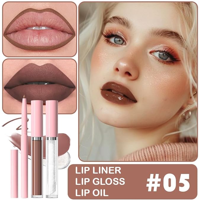 3-in-1Light Nude Brown Matte Lip Stain Kit | Waterproof Lip Liner + Hydrating Matte Lip Gloss + Nourishing Lip Oil | Long Lasting Plumping to Create Perfect Lip Makeup.05#