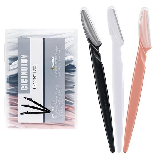 40pcs Eyebrow Razor for Women, Face Shaver Kit Dermaplaning Tool for Peach Fuzz Removal, Stainless Steel Blades with Protective Covers | Eyebrow Trimmer, Facial Hair Removal(Black White Brown)