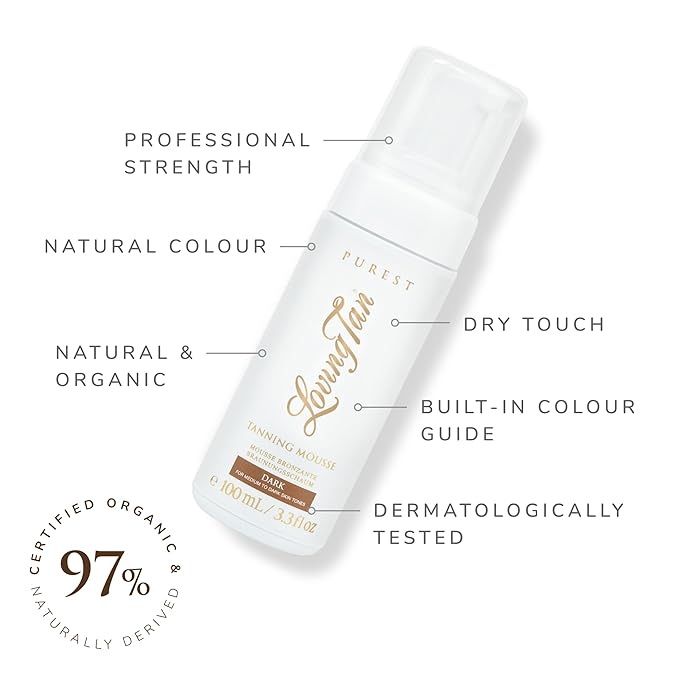 Loving Tan Purest Tanning Mousse NEW, Dark - Sunless Tanner Made From 97% Certified Organic & Naturally Derived Ingredients - Up to 5+ Self Tan Applications Cruelty Free, Vegan Friendly - 3.3 Fl Oz