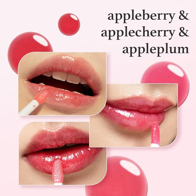 NOONI Vegan Appleseed Lip Oil Set - Appleberry & Applecherry & Appleplum | Long-Lasting, Moisturizing, Plumping, Revitalizing for Dry Lips, Waterproof, No Peel Off, 0.12 FL Oz x 3ea