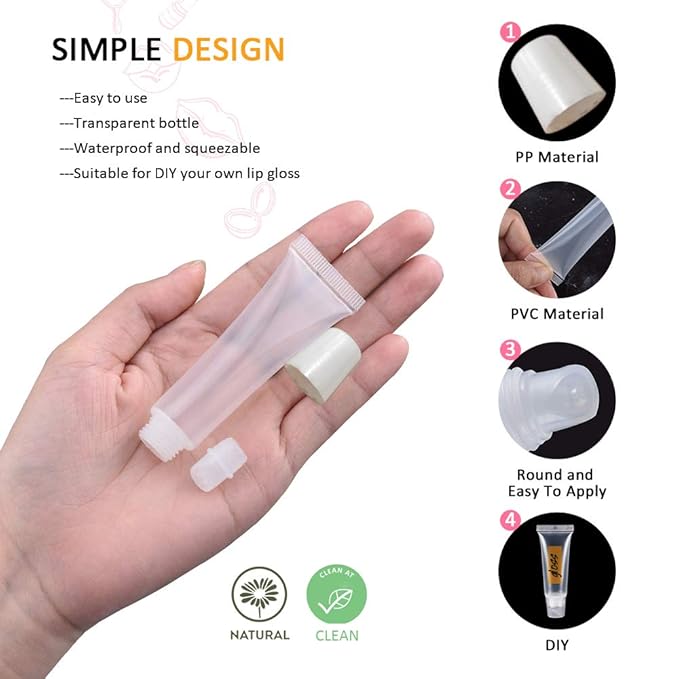 AMORIX 50PCS Lip Gloss Tubes 5ml White Cap Lip Gloss Containers Empty Lip Balm Tubes Cosmetic Lipgloss Tubes + 2 x 20ml Syringes Tag Labels for DIY Lip Gloss Base Glitter