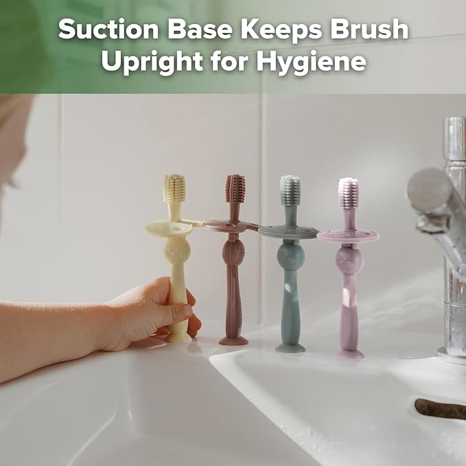 haakaa 360° Baby Toothbrush with Suction Base - Gentle Cleaning for Infant Self-Brushing Training, Sorft Food-Grade Silicone, Baby Teething Relief - Lavender, 1 Count