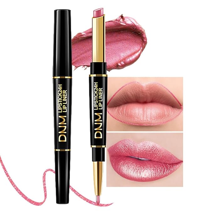 2-in-1 Pink Lip Liner & Lipstick Set Kit for Women, Metallic Lips Kit with Lip Liner Lip Stains Long Lasting Waterproof 24 Hour Lipstick and Lip Liners Combo Lipliners Pencil Set 20