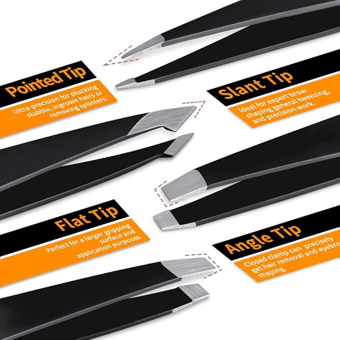 TsMADDTs Professional Stainless Steel Tweezers for Women and Men, 7 Pack Precision Tweezers for Eyebrows with Curved Scissor and Eyebrow Razor for Ingrown Hair