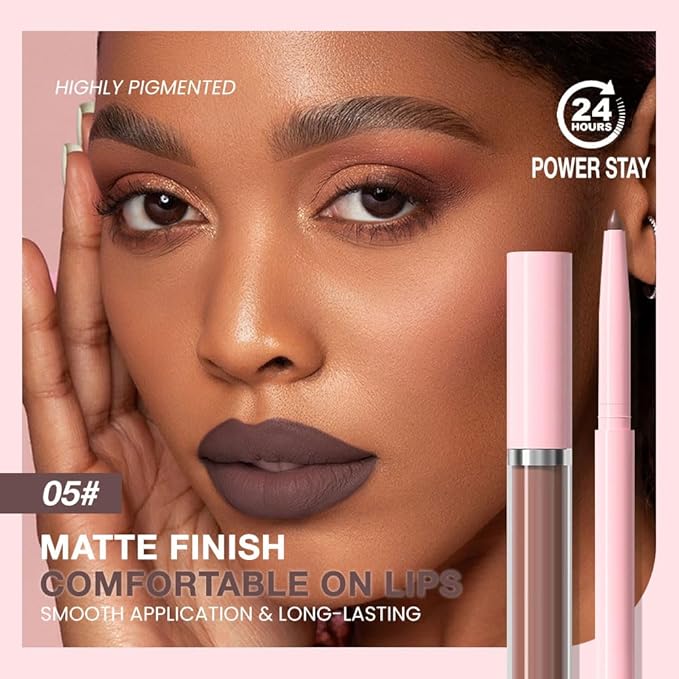 evpct Retractable 1Pcs Lip Liner Pencils and 1 Pcs Lip Gloss Makeup Set for Shaping & Sculpting Lips, Brown Long-Lasting Waterproof Longwear Matte Rich Lip Colors Liner Crayon Liquid Lipstick 05#