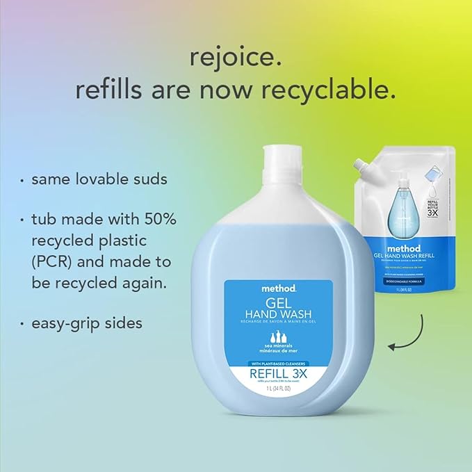 Method Gel Hand Soap Refill, Waterfall, Recyclable Bottle, Biodegradable Formula, 34 oz (Pack of 4) (Packaging May Vary)
