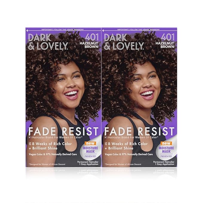 SoftSheen-Carson Dark and Lovely Fade Resist Rich Conditioning Hair Color, Permanent Hair Color, Up To 100 percent Gray Coverage, Brilliant Shine with Argan Oil and Vitamin E, Hazelnut, 2 Count