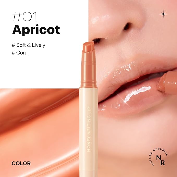 Nature Republic HONEY MELTING LIP (01 APRICOT) SOFT LIP STICK, Hydrating Gloss, Moisturizing balms, Sheer tint, Shine & Nude, Glowy Finish, korean make up
