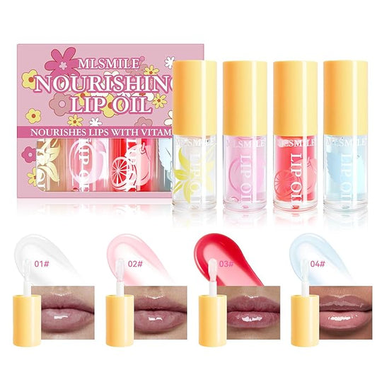 Hydrating Lip Oil, 4Pcs Plumping Lip Glow Oil Set, Fruit Extract Lip Oil Set Tinted for Dry Lip, Shiny and Moisturizing Transparent Lip Oil Gloss