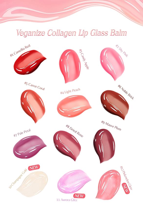 SELF BEAUTY Veganize Collagen Lip Glass Balm - Hydrating Lip w/Hyaluronic Acid - Vegan Korean Lip Balm Moisturizing Lip Care – Lip Gloss Repair for Dry Cracked Lips 0.06 oz (#11 Aurora Glitz)