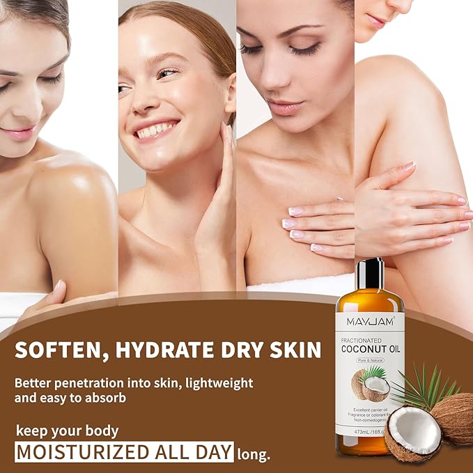 Pure Fractionated Coconut Oils Liquid 16oz 100% Natural USDA Certified Massage MCT Oil Organic&Moisturizer for Face Skin&Hair,Cold Pressed Body Carrier Oil for Essential Oils Mixing Women&Men