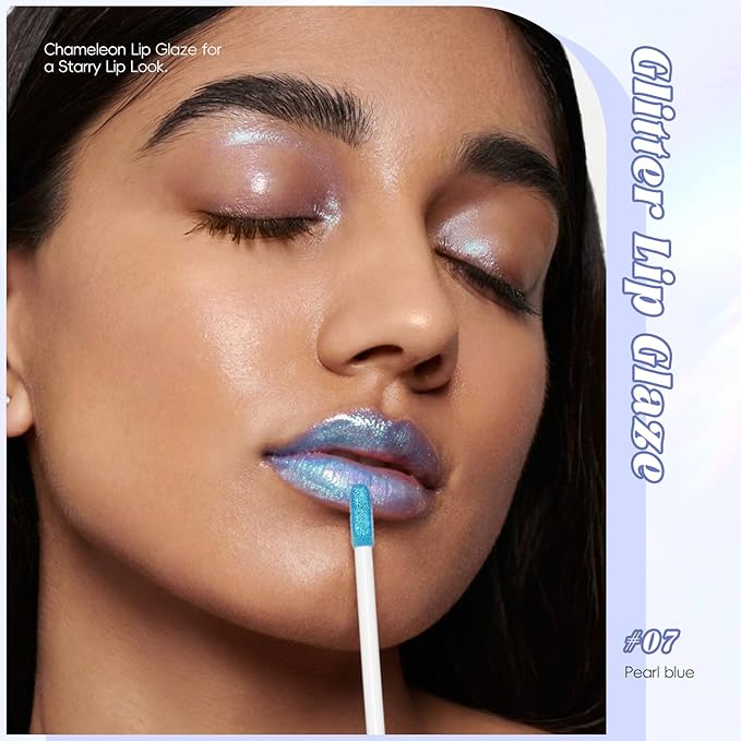 Blue Glitter Lip Gloss Liquid Lipstick, Diamond Shimmer Metallic Sparkly Iridescent Chameleon Lip Gloss Gift for Women, Long Lasting Waterproof Highly Pigment Glimmer Holographic Lip Makeup07