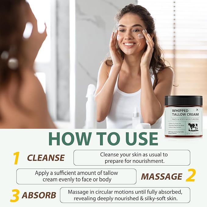 Beef Tallow for Skin, Beef Tallow Moisturizer, 4.2 oz Organic Whipped Grass Fed Beef Tallow with Honey Cream for Face & Body, Unscented