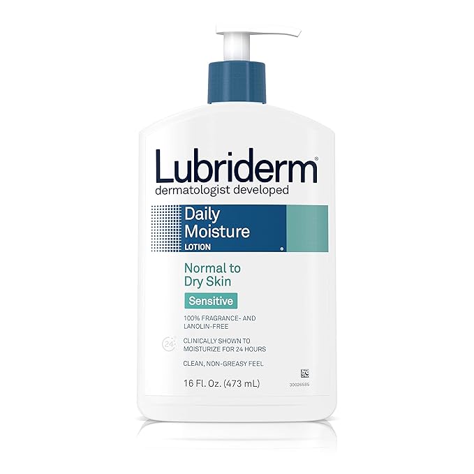 Lubriderm Daily Moisture Body Lotion for Sensitive, Dry Skin, Enriched with Vitamin B5, Dye and Lanolin Free, Unscented and Non-Greasy, 16 fl. oz