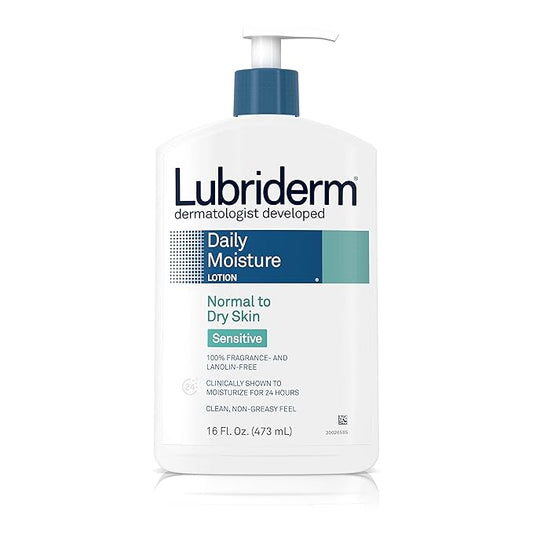 Lubriderm Daily Moisture Body Lotion for Sensitive, Dry Skin, Enriched with Vitamin B5, Dye and Lanolin Free, Unscented and Non-Greasy, 16 fl. oz