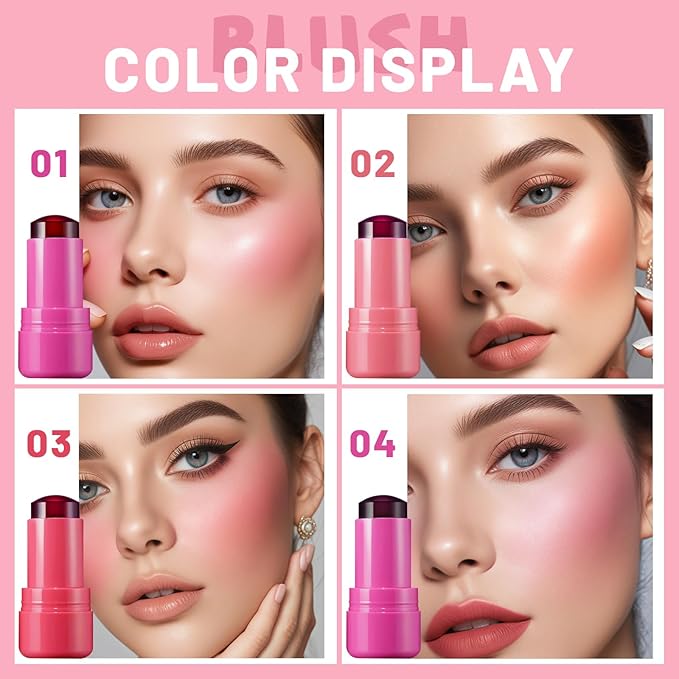 4 Pcs Jelly Blush Stick,Sheer Lip & Cheek Makeup Blush