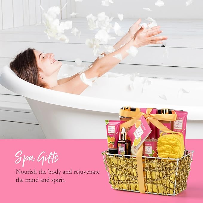 Bath & Body Gift Set, Luxury Home Spa Bath Gift Basket Citrus & Pink Grapefruit Spa Kit Gift Woman, 11 Pcs Self Care Kit Gifts With Bubble Bath, Massage Oil, Bath Brush, Birthday Gifts for Women