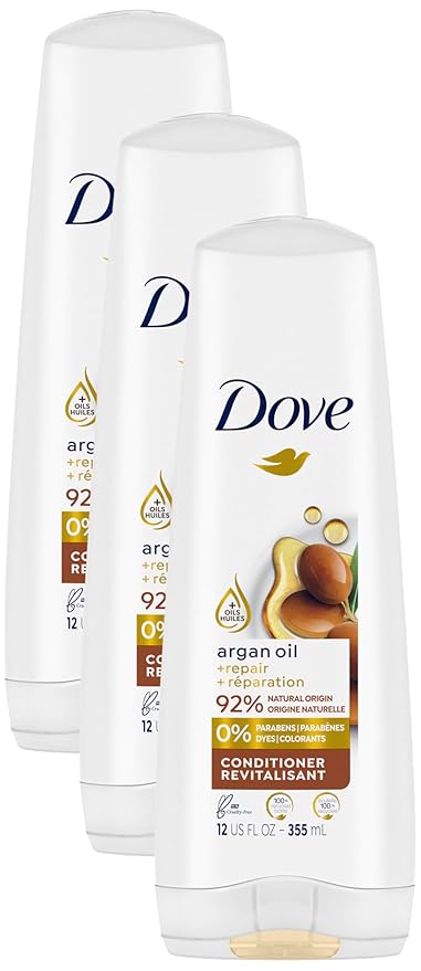 Dove Conditioner Argan Oil & Damage Repair 1 for Damaged Hair 92% Natural Origin, Paraben Free Conditioner 12 oz (Pack of 3)