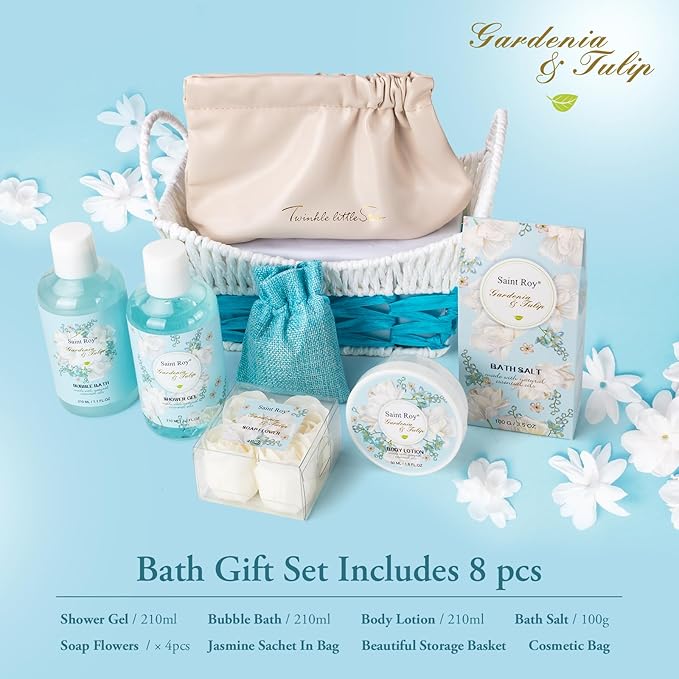 Mother's Day Gift for Mom Spa Gift Baskets for Women, Gardenia Tulip Home Spa Kit with Cosmetic Bag gift woman. Bath & Body Basket Set 8Pcs Bath and Body Gifts Set, Luxury Gift Basket