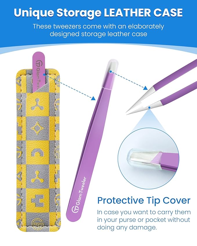 Expert Slant Tip Tweezers with Leather Case, GlamTweeler Sharp & Precision Stainless Steel Tweezer for Eyebrows, Facial Hair and Fine Hairs Removal (Violet)