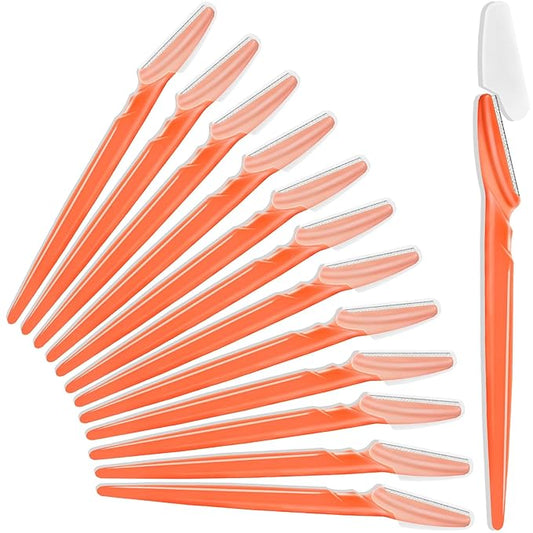 12 Pcs Eyebrow Razors, Face Razors Multipurpose, Exfoliating Dermaplaning Tools, Eyebrow Trimmers Shaver with Safety Cover, Facial Hair Removal for Women Men Body Use (Orange-red)