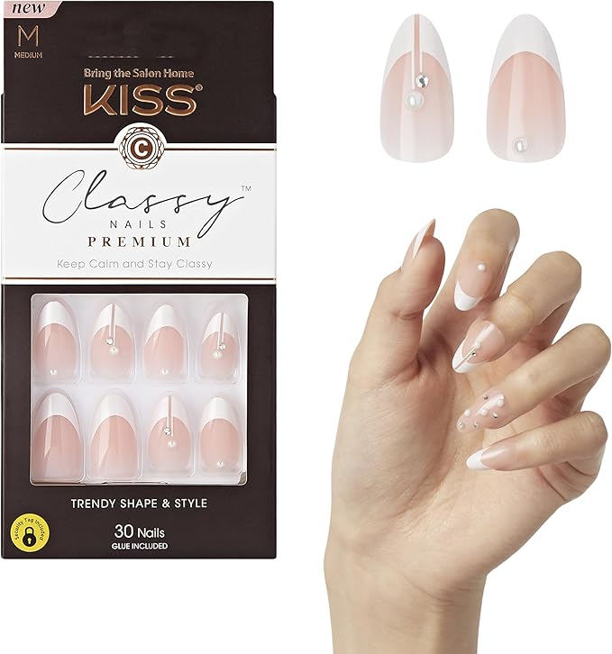 KISS Classy Nails Premium, Press-On Nails, Nail glue included, 'Highlights', French, Medium Size, Almond Shape, Includes 30 Nails, 2g glue, 1 Manicure Stick, 1 Mini File