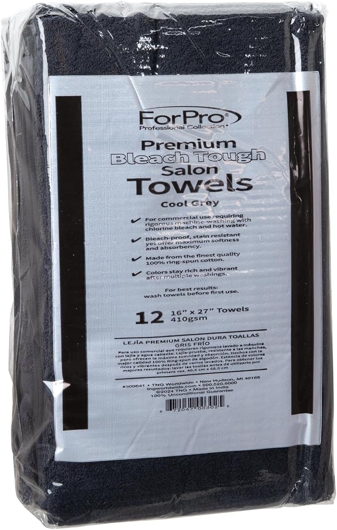 ForPro Premium Bleach Tough Salon Towels, Cool Grey, 100% Cotton, Bleach-Proof Towels, Stain Resistant, 16” W x 27” L, 12-Count