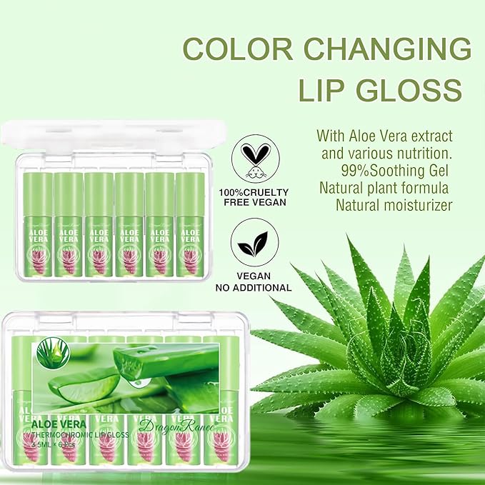 6Pcs Aloe Vera Color Changing Lip Gloss, Hydrating Lip Glow Oil High-Shine Clear Temperature Color Change Lipstick, Glossy Lip Tint Stain for Women Lip Care Prevents Dry Cracked Lips