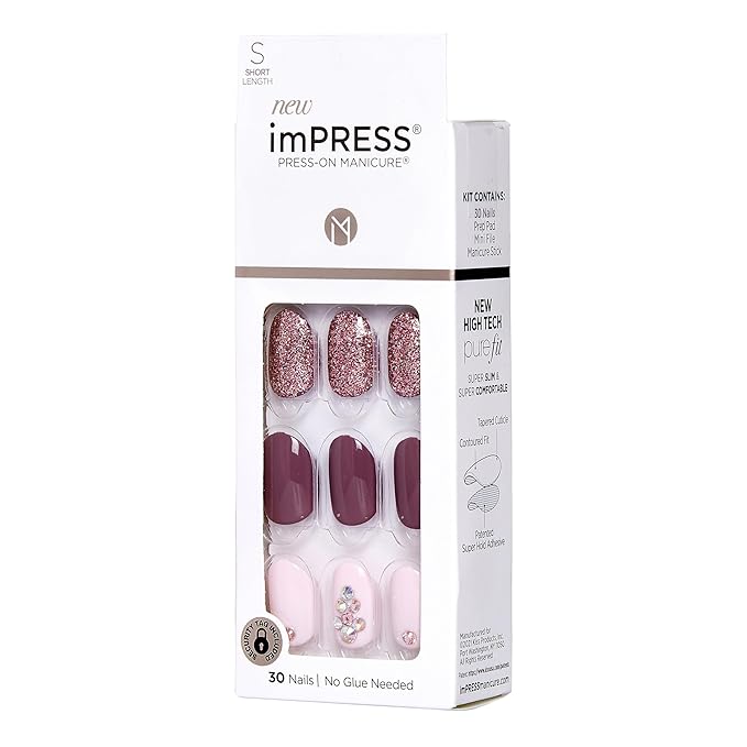 KISS imPRESS No Glue Mani Press On Nails, Design, 'Reset', Multicolor, Short Size, Oval Shape, Includes 30 Nails, Prep Pad, Instructions Sheet, 1 Manicure Stick, 1 Mini File