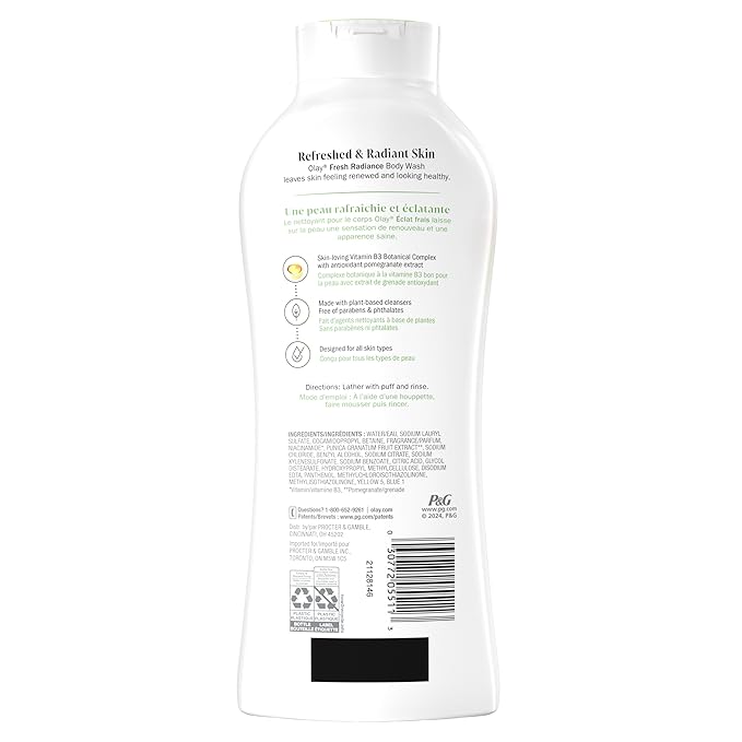 Olay Body Wash for Women, Fresh Radiance, Refreshing & Renewing, Made with Plant Based Cleansers, B3 Botanical Complex, For All Skin Types, Cucumber & Aloe Water Scent, 22 fl oz (Pack of 4)