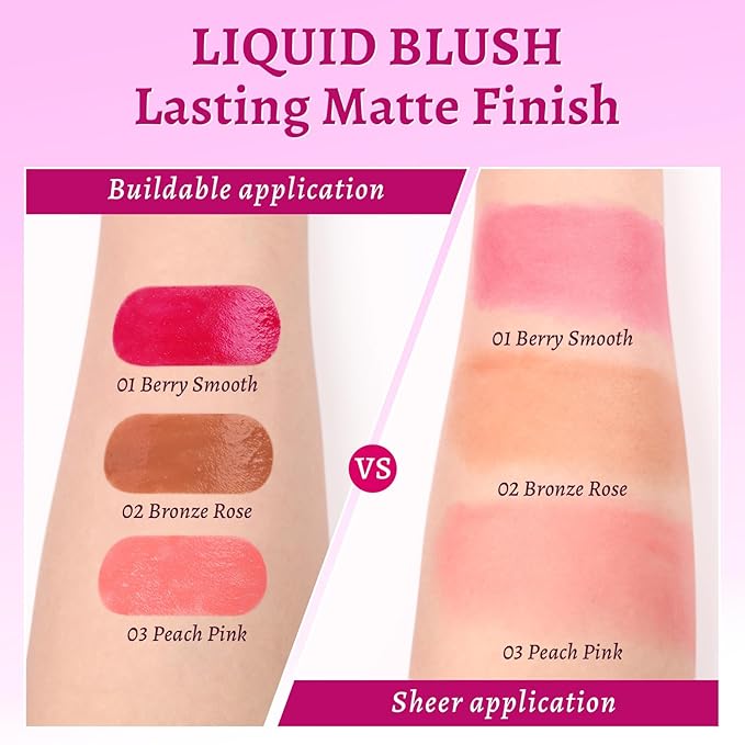 UCANBE 3PCS Liquid Blush Set – Dewy Cream Blush Makeup for Cheeks – Lightweight Long Lasting Blendable Buildable Formula for Natural Flush（Berry Smooch, Bronze Rose, Peach Pink）